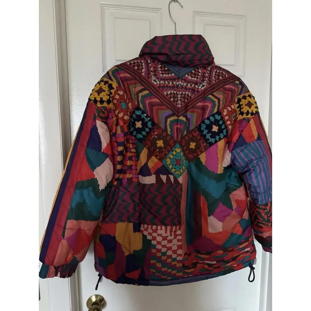 Farm Rio Women's XS Red Abstract Patches Reversible Full Zip Puffer Jacket NEW - Picture 9 of 16
